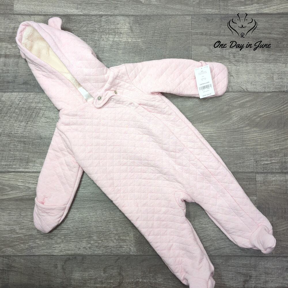 Carters Baby Girls Quilted Hooded Pram One Piece Pink Sherpa Lined NWT Size 6M